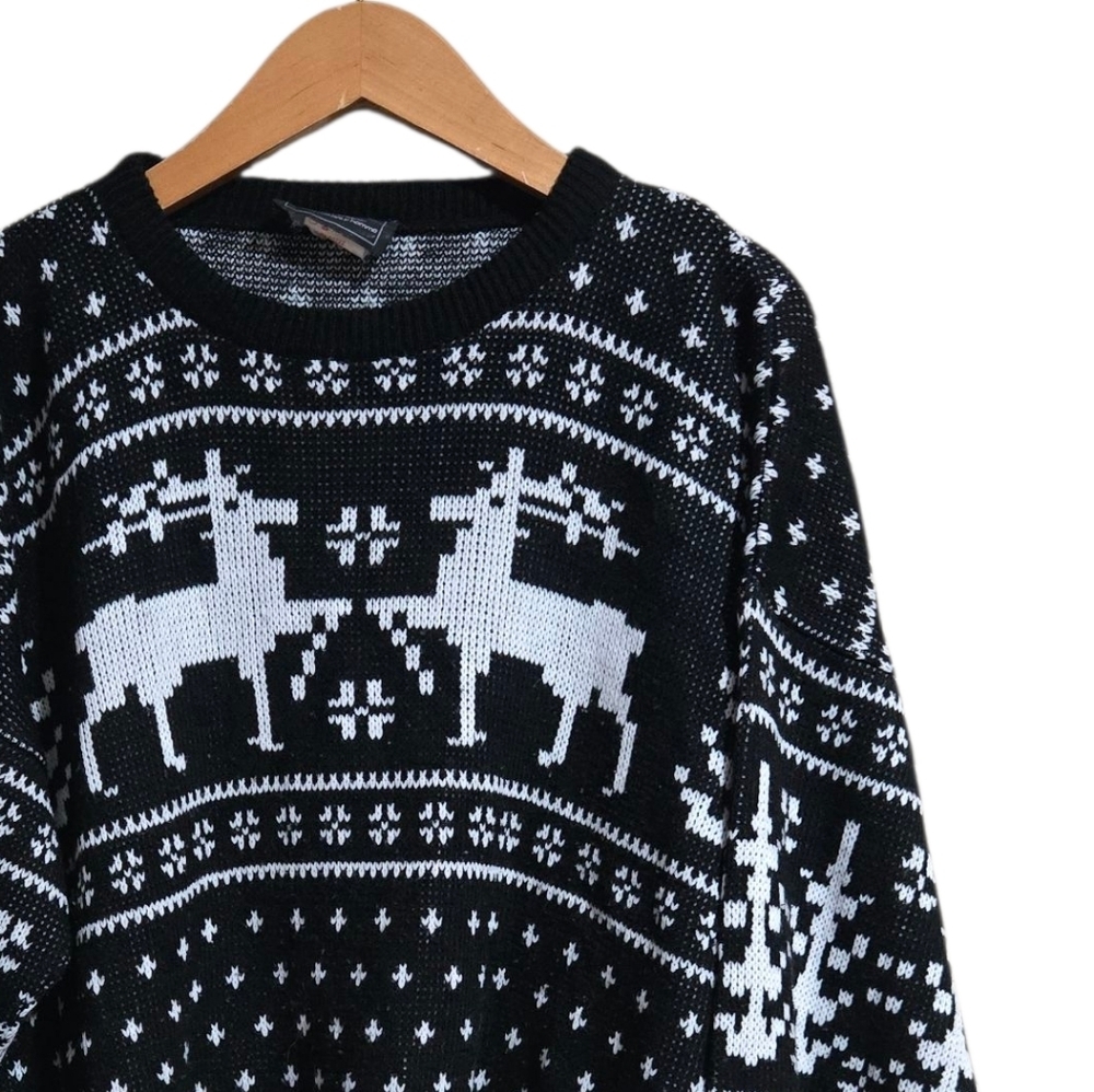 Vintage Sears Men's Size Medium Black and White Reindeer Sweater. - Picture 2 of 6